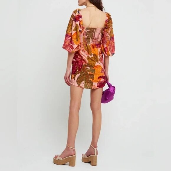 Kourt Robbie Palm Eyelet Puff Sleeve Smocked Back Cocktail Resort Mini Dress - Picture 2 of 3